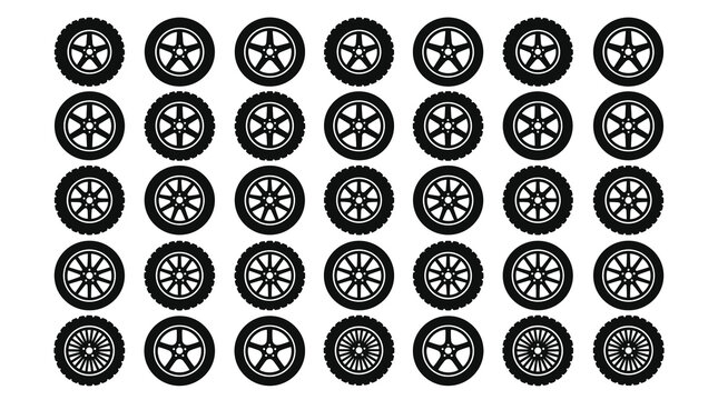 Array of diverse black and white circular wheel icons arranged in a structured grid pattern for graphical or design applications