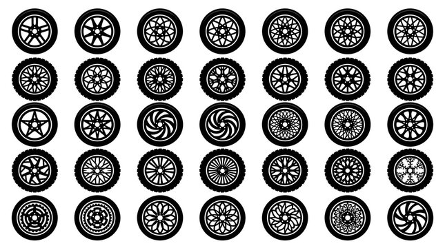 Collection of diverse wheel and gear designs showcasing intricate patterns and mechanical motifs across multiple styles and sizes