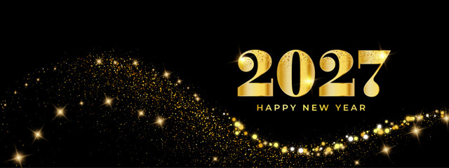 Obraz premium Black backdrop with gold 2027 numeral and Happy New Year text. Glitter dust particles, bokeh sparkle flares, wave trail in luxury pattern. Vector glow effect. Banner for festive holiday card