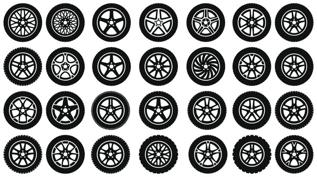 Collection of various black and white car wheels and rims showcasing different designs and styles arranged in an organized grid