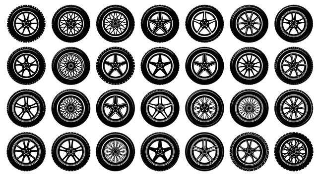 Collection of diverse black and white wheel and tire designs showcasing various rim styles and patterns