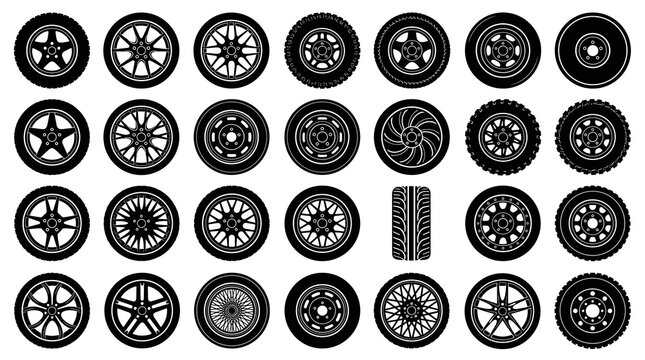 Collection of various car wheel designs showcasing different spoke patterns and rim styles for automotive customization