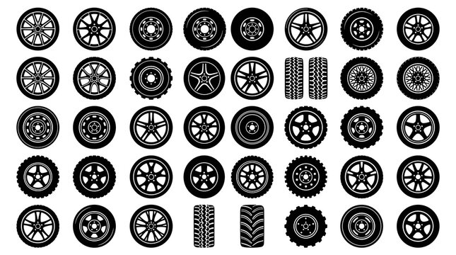 Collection of diverse car wheel designs showcasing various rim styles, tire treads, and spoke configurations for automotive