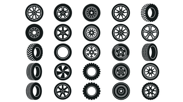 Collection of diverse automotive tires and wheel designs showcasing various patterns and treads in black and white