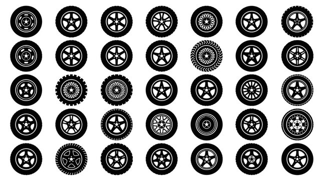 Collection of black circular graphical icons resembling stylized wheel and gear designs in a pattern on a white background