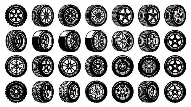 Collection of various car tires and wheel rims showcasing different designs and sizes in a neatly arranged grid layout for