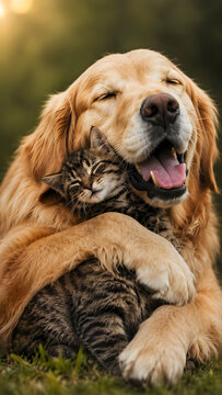 Heartwarming Portrait of a Golden Retriever Embracing a Small Tabby Kitten Outdoors