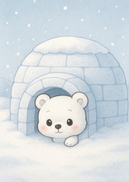 Cute polar bear in igloo.