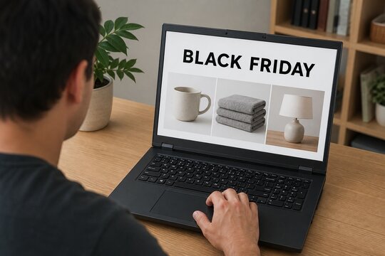 Person shopping online for Black Friday deals on a laptop at a wooden desk