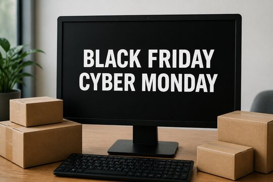 Black Friday Cyber Monday sale text on computer monitor with shipping boxes