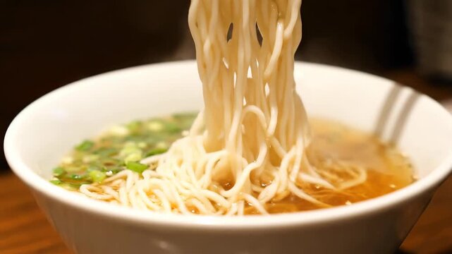 Chopsticks pick up a close-up of noodles in a bowl, steaming hot scallion soup noodles