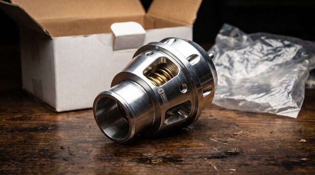 Shiny Turboflow Performance blow-off valve (BOV) for turbocharged engines, featuring a visible gold spring and polished aluminum finish. Automotive performance upgrade.
