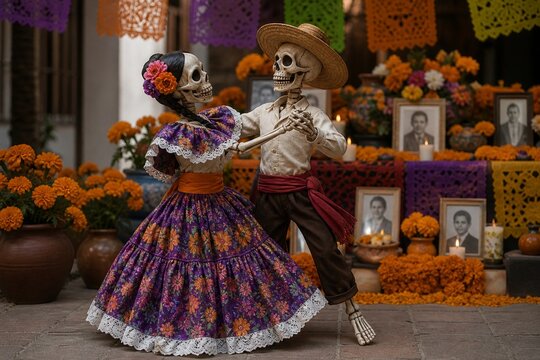 Pair of dancing skeleton figurines celebrating Day of the Dead with marigolds and papel picado