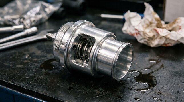 Close-up of a new Turbosmart blow-off valve, a high-performance car part, displayed on a workshop bench with tools and oil, ready for installation.