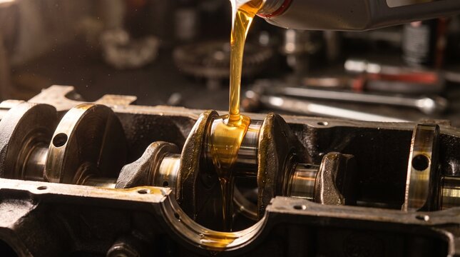 Golden engine oil expertly poured onto a car's exposed crankshaft during a crucial engine service. A vital step in automotive repair and maintenance.