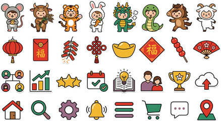 Fototapeta premium Chinese New Year Zodiac Animals and Business Analytics Icon Set with Cute Costumed Kids Spring Festival Decorations Growth Charts and Web UI Navigation Outline Symbols