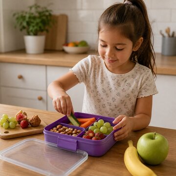 Little girl packing a lunchbox with healthy fruits, vegetables, and snacks for school