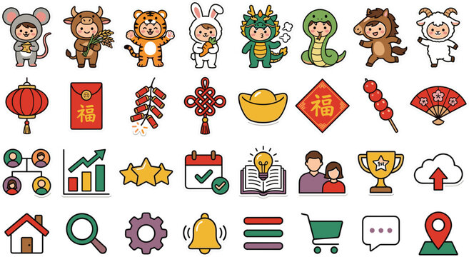 Chinese New Year Zodiac Animals and Business Analytics Icon Set with Cute Costumed Kids Spring Festival Decorations Growth Charts and Web UI Navigation Outline Symbols