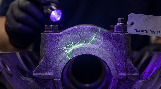 Fluorescent penetrant inspection (FPI) using UV light to reveal a crack in an industrial metal part, crucial for non-destructive testing (NDT) and quality control.