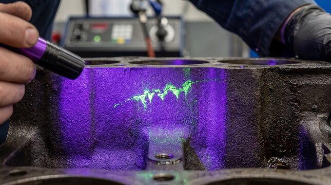 Fluorescent penetrant inspection of an engine block, revealing critical cracks and flaws with a UV light. Essential for quality control and safety in manufacturing.