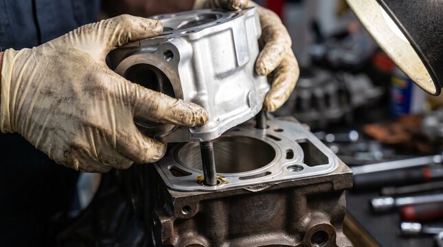 Close-up of a mechanic in dirty gloves assembling an engine. They are carefully placing a cylinder component onto the engine block with a gasket. Automotive repair & maintenance.