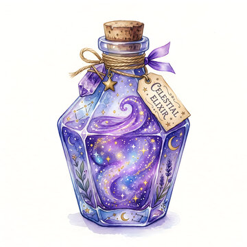 Purple magic potion bottle with stars isolated on a background isolated on white background