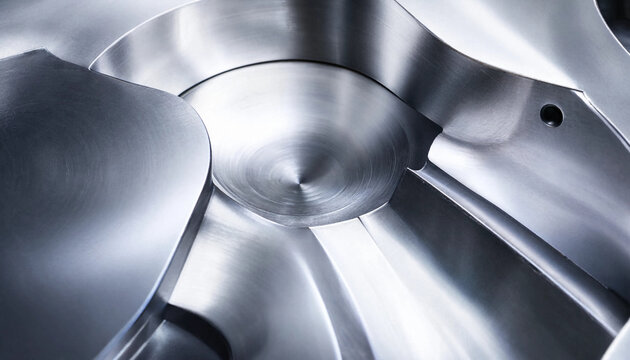 Close up view of a polished metallic industrial mold with smooth curved surfaces and precise machined details reflecting soft ambient light