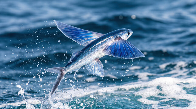 Gliding flying fish jump out of ocean water, sea wildlife with wings spread and splash.