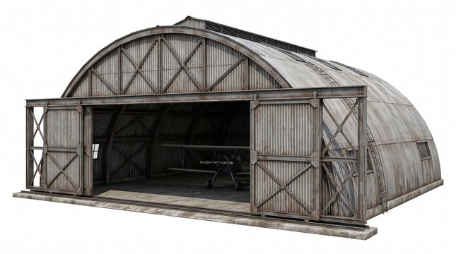 Weathered vintage metal airplane hangar with open doors and industrial design