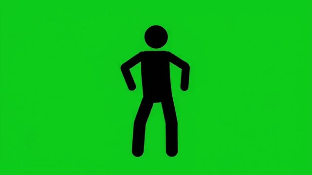 Glowing green neon stick figure dancing hip hop on black background