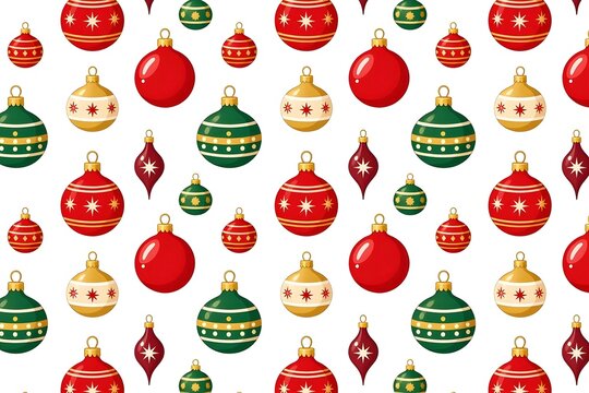 Festive Christmas seamless pattern with colorful hanging baubles and stripes in flat design style