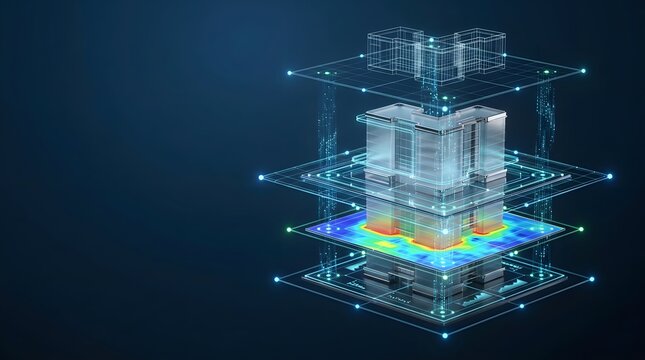 3D architectural digital twin model with exploded isometric layers, blueprint wireframe, and energy heatmap analysis on blue background