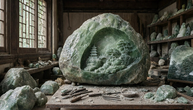 Large raw jade boulder with a hand carved miniature landscape featuring a pagoda and trees inside a traditional stone carving workshop studio