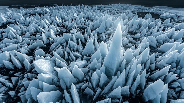 Field of sharp crystalline ice spires and frozen penitentes formations under dim natural lighting in cold glacial environment.