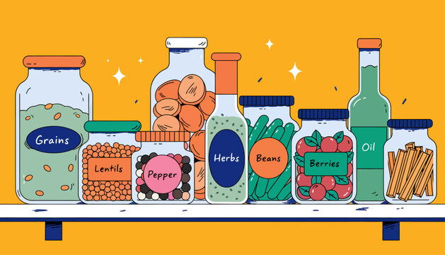 Pantry Staples: Assorted Jars of Grains, Lentils, Herbs, Beans, Berries, Oil & Spices - Isolated