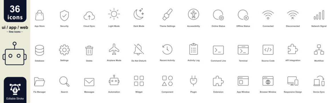 editable stroke vector set, web icon line style, interface technology and web line icons includin settings, security, cloud sync, Editable stroke