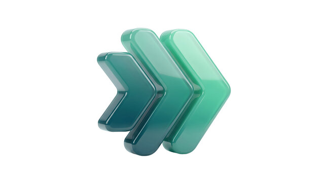 Glossy 3D green teal triple chevron right arrows symbol icon isolated on transparent background
