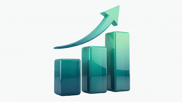 Three glossy green bar chart columns with rising arrow isolated on transparent background symbolizing financial growth