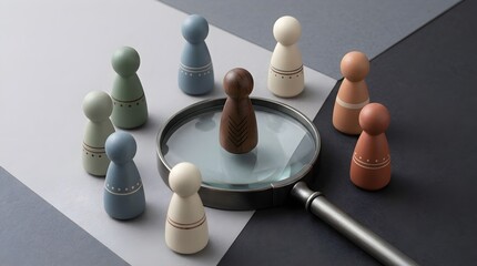 Obraz premium Wooden peg dolls arranged around a magnifying glass representing leadership recruitment corporate talent search and human resources management selection process