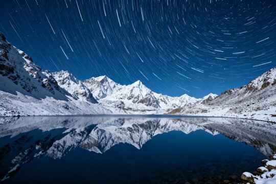 Star trails over snow-capped mountains reflected in a calm alpine lake at night