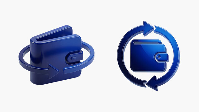 Blue 3D wallet icons with rotating refresh arrows representing cashback refund and finance transaction isolated on transparent background