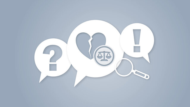 Divorce law concept illustration with speech bubbles, broken heart, scales of justice, question mark, exclamation mark, and magnifying glass on a grey background.