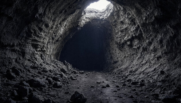 Large dark cave interior with a natural opening in the ceiling allowing a beam of light to illuminate the rocky floor and cavern walls