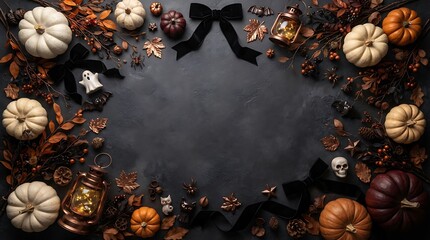 Obraz premium Halloween themed flat lay with pumpkins and autumn decorations
