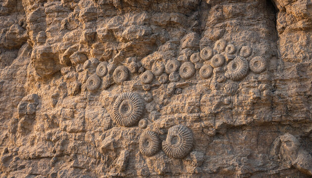 Close up of fossilized ammonite shells embedded in a rough sedimentary rock cliff face with textured layers and warm golden sunlight lighting