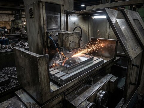 Industrial surface grinding machine processing a metal block with sparks in a workshop