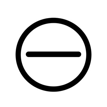 Minimalist black minus sign symbol inside a circle isolated on white background, simple mathematical subtraction icon or negative value sign for graphic design and user interface elements