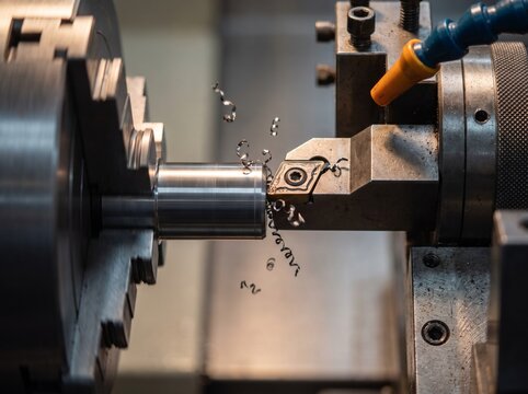 CNC lathe machine turning a steel component with metal shavings