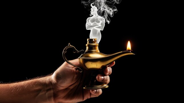 Hand holding brass magic lamp with smoky genie emerging. Golden lamp features burning flame on black background. Wish fulfillment concept for fantasy storytelling and success marketing.