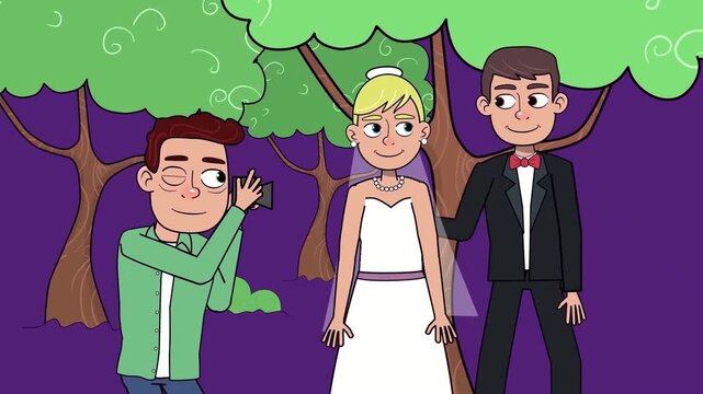 2D animation of a photographer taking pictures of a bride and groom wedding couple in a green park outdoors